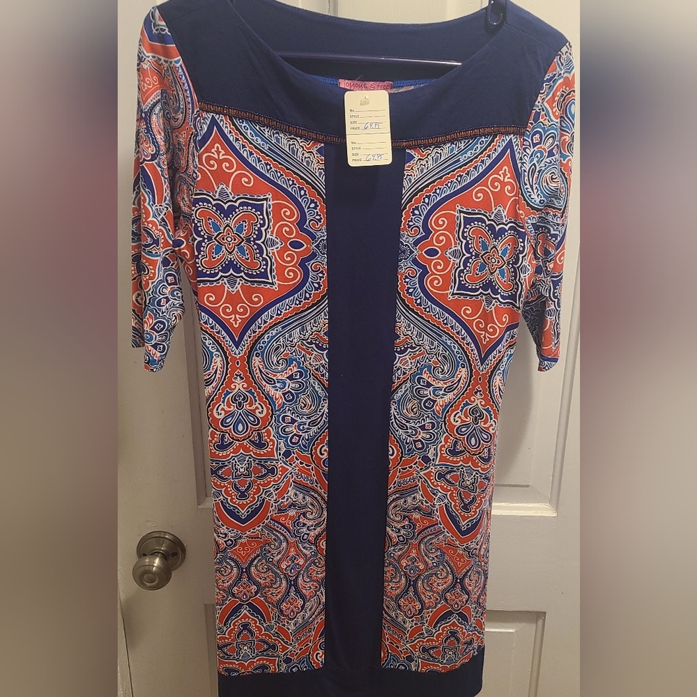 Elegant Paisley Midi Dress in Blue and Orange
